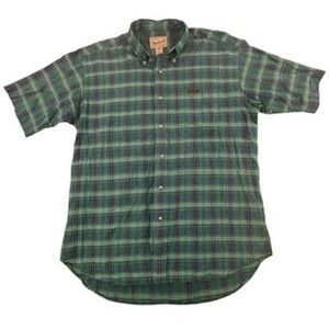 Woolrich Mens Large Shirt Green Blue Plaid Short Sleeve Button Down Cotton Pine